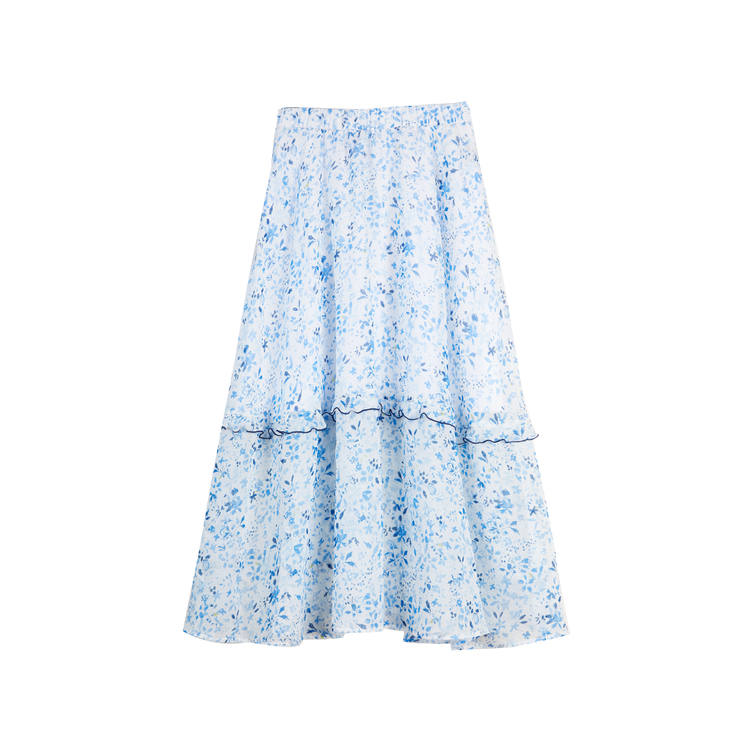 ELLE Casual Long Skirts Women's Blue Floral Thin Mid Length A Line Skirt