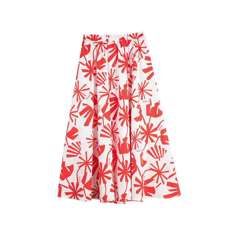 ELLE Casual Long Skirts Women's Red Flower Moderate Mid Length A Line Skirt