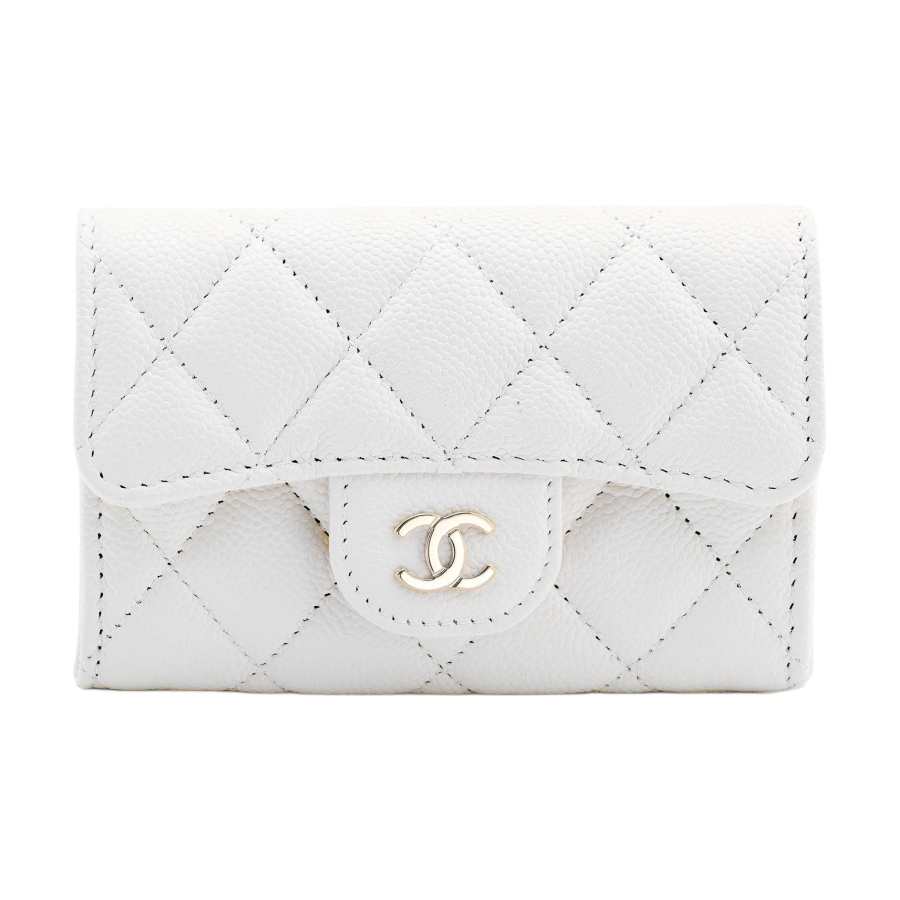 CHANEL Shiny Grain Calfskin & Gold Metal Card Holder Small Women's White