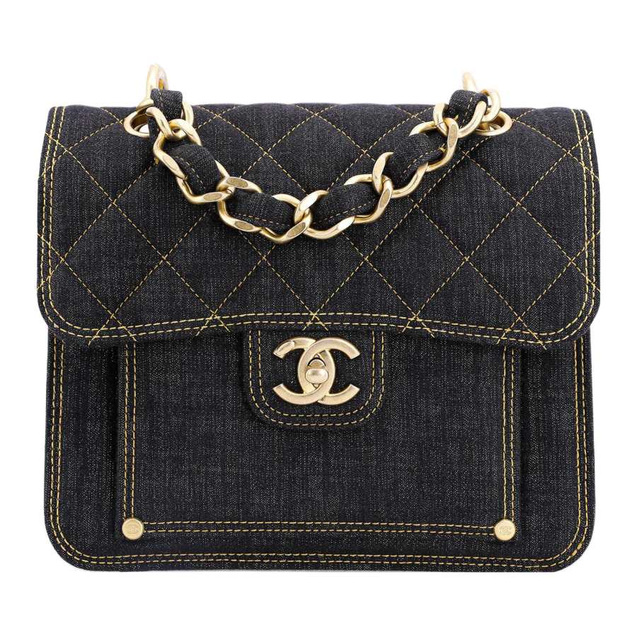 CHANEL Denim Shoulder Bag, Crossbody Bag Medium Women's Washed Denim Black Gray