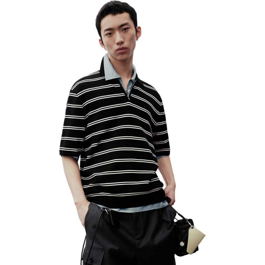 PEACEBIRD MEN Polo Shirts Men's Black Polo Collar Moderate Other