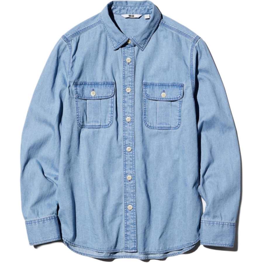 UNIQLO Shirts Women's Pink/Blue Lapel Moderate Denim