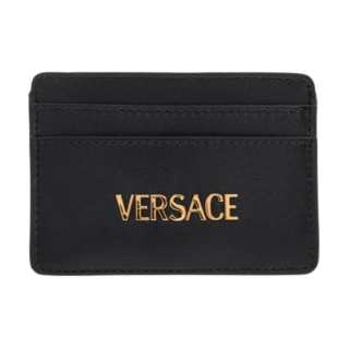 VERSACE Tag Cow Leather Card Holder Women's Black