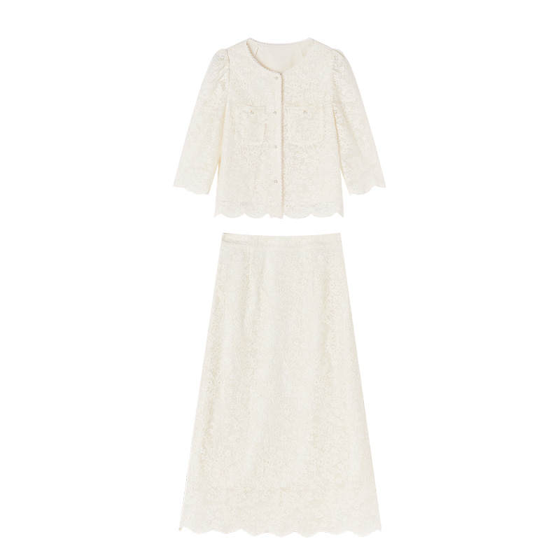 XIANGYING Two Piece Skirt Sets Women's Heron White Crew Neck Thin