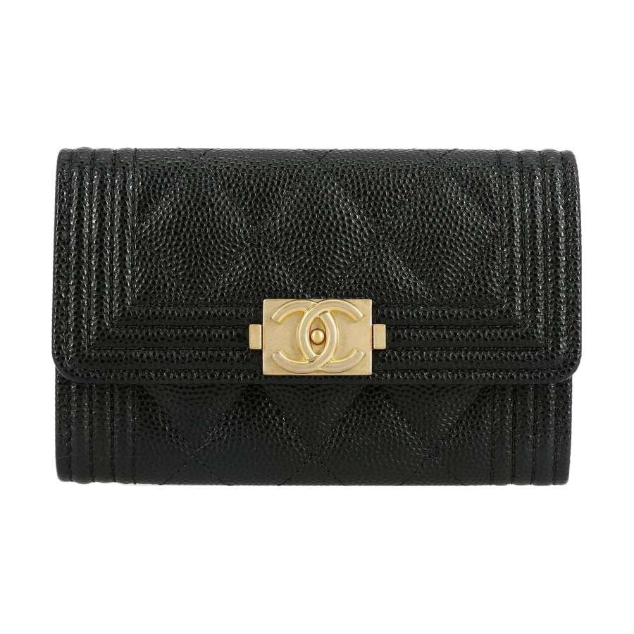 CHANEL 21K Winter Leboy Litchi Grain Sheepskin Flap Bag Card Holder, Wallet Women's Black