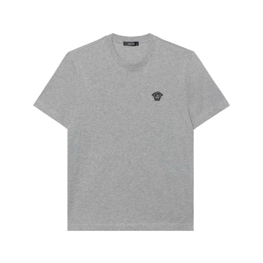 VERSACE Logo Embroidery Crew Neck Pullover Short Sleeved SS24 T Shirt Men's Gray