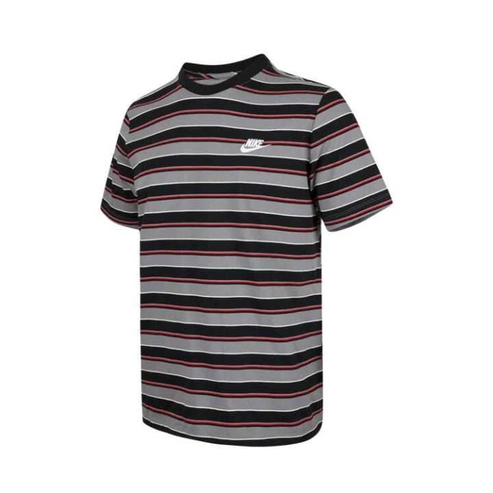 Nike Nike Club T Shirts Men's Gray Black Stripes Crew Neck Moderate