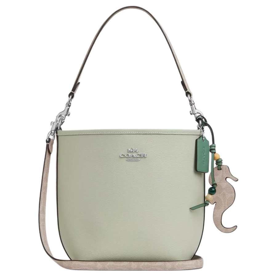 COACH City Bucket Leather With Print Coated Canvas Handbag, Shoulder Bag Small Women's Silver & Light Pistachio