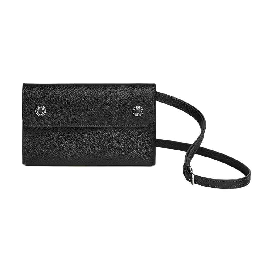 HERMES Hermèsnap Silver Tone Buckle Epsom Leather Wallet, Shoulder Bag 19 Women's Black