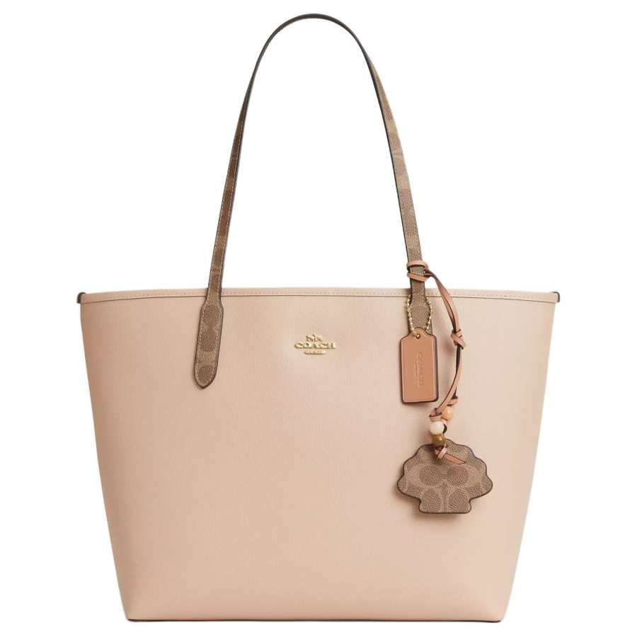 COACH City Leather Shoulder Bag Large Women's Cream & Brown & Umber