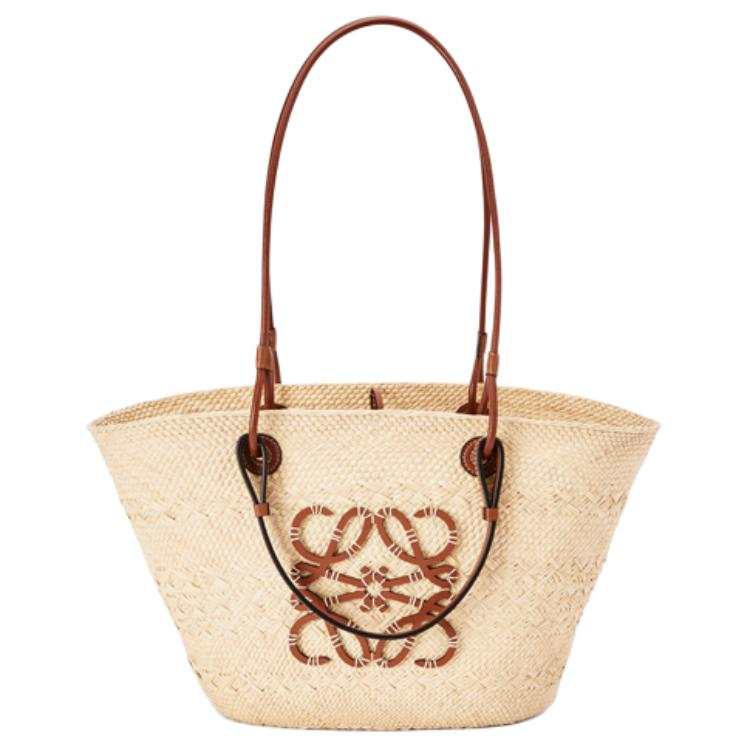 LOEWE Anagram Basket Iracan Palm Fiber With Cow Leather Vacation Bag, Handbag, Shoulder Bag Medium Women's Tan