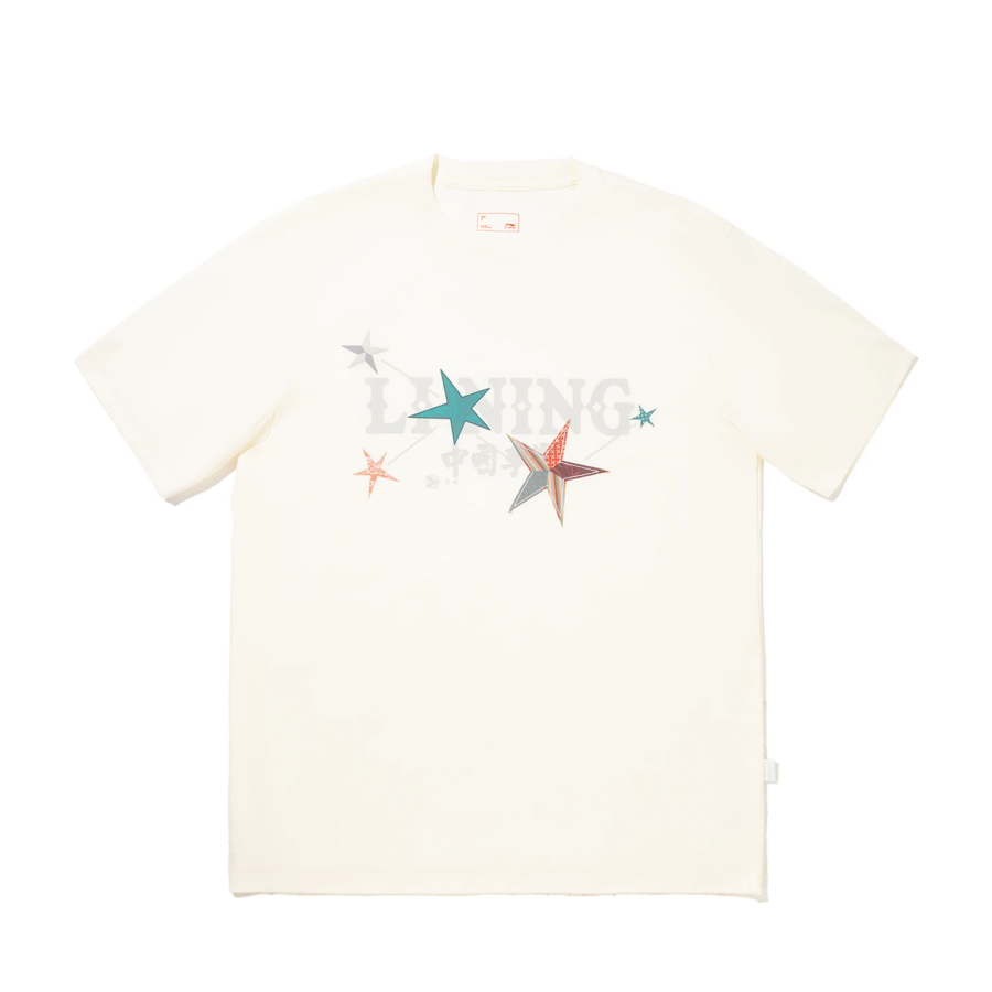 Li-Ning Li Ning T Shirts Unisex Ecru Crew Neck Moderate Straight Fit