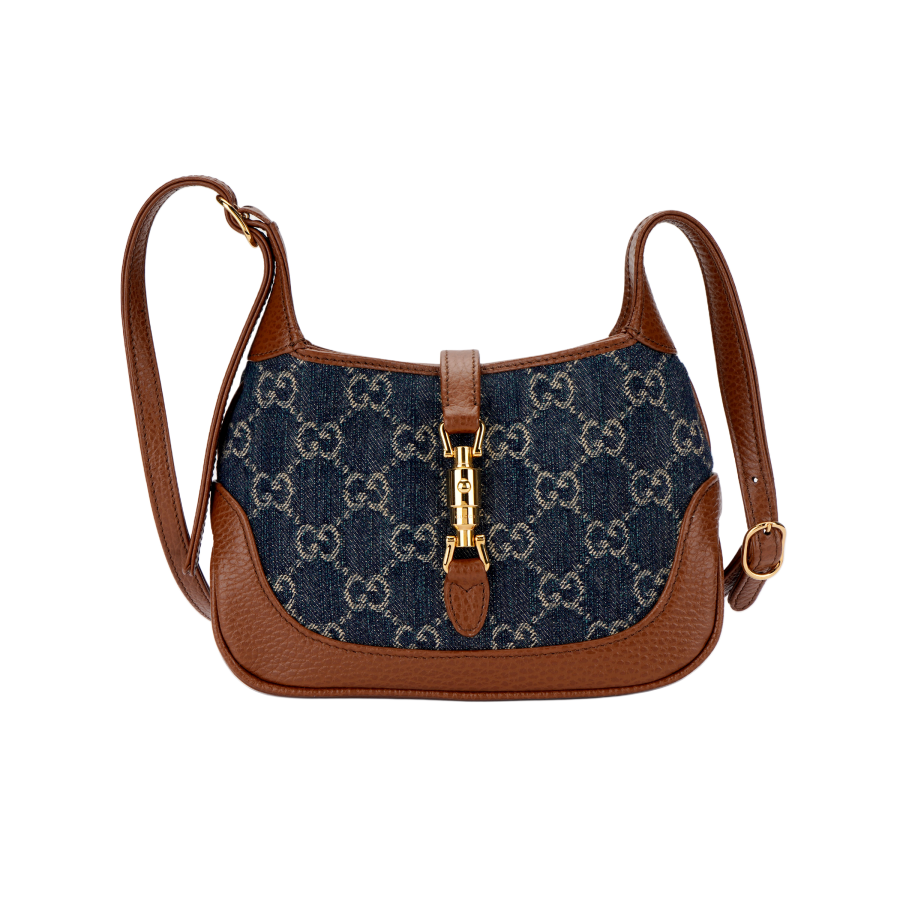 GUCCI Jackie 1961 Canvas With Leather Trim Crescent Shoulder Bag Shoulder Bag Women's Gray Blue Multicolor