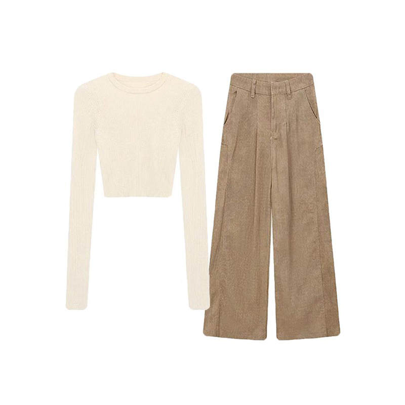 MARIE·COCO Casual Suits Women's Apricot Top+Dark Khaki Pants Baseball Collar Moderate Other