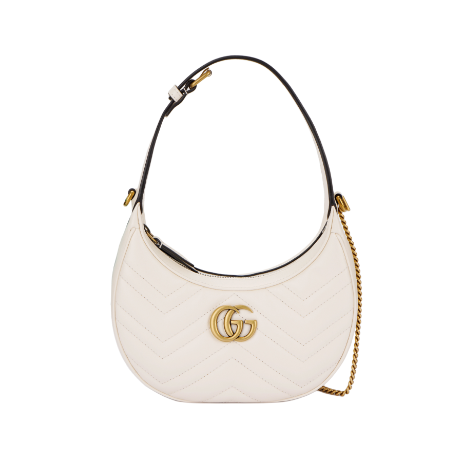 GUCCI GG Marmont V Shaped Quilted Leather Crescent Bag Shoulder Bag Handbag, Shoulder Bag Mini Women's Milk White