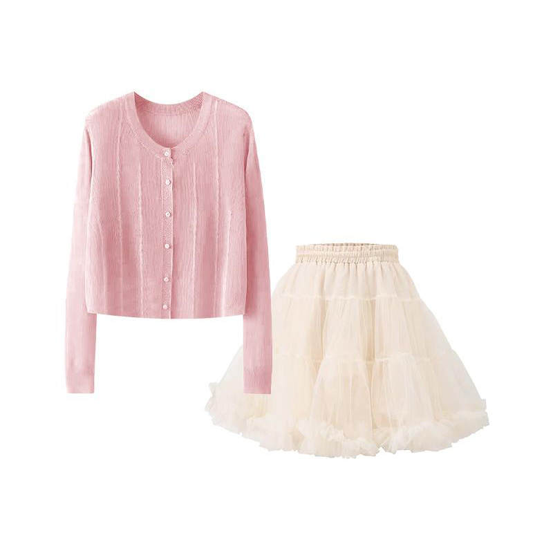 MARIE·COCO Two Piece Skirt Sets Women's Pink Top+Skirt Crew Neck Thin Mid Length