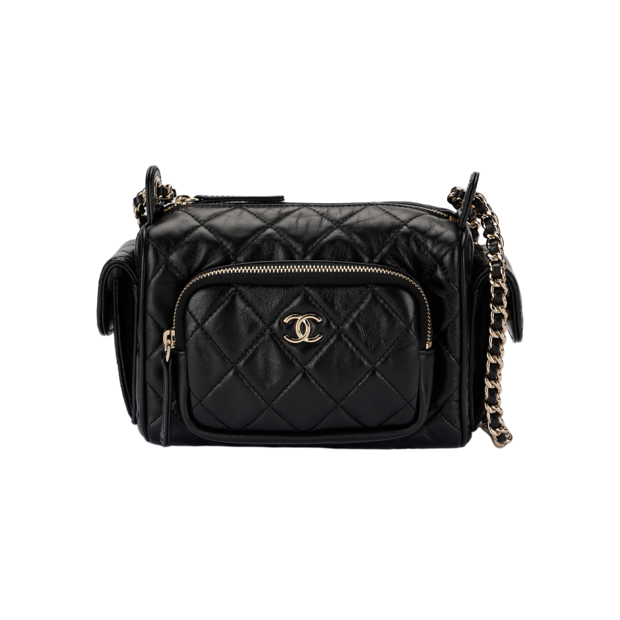 CHANEL Shiny Wrinkle Lambskin Camera Bag, Shoulder Bag, Crossbody Bag Small Women's Black