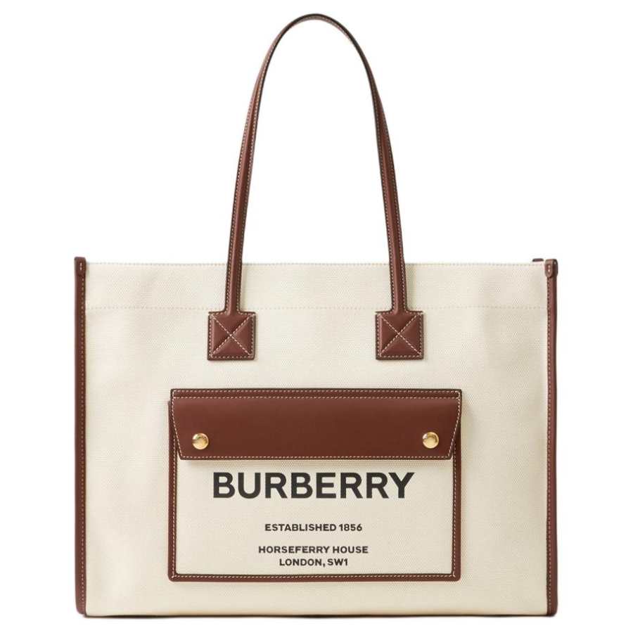 Burberry Freya Cotton With Calfskin Tote Bag, Shopping Bag, Handbag, Shoulder Bag Small Women's Natural & Tan