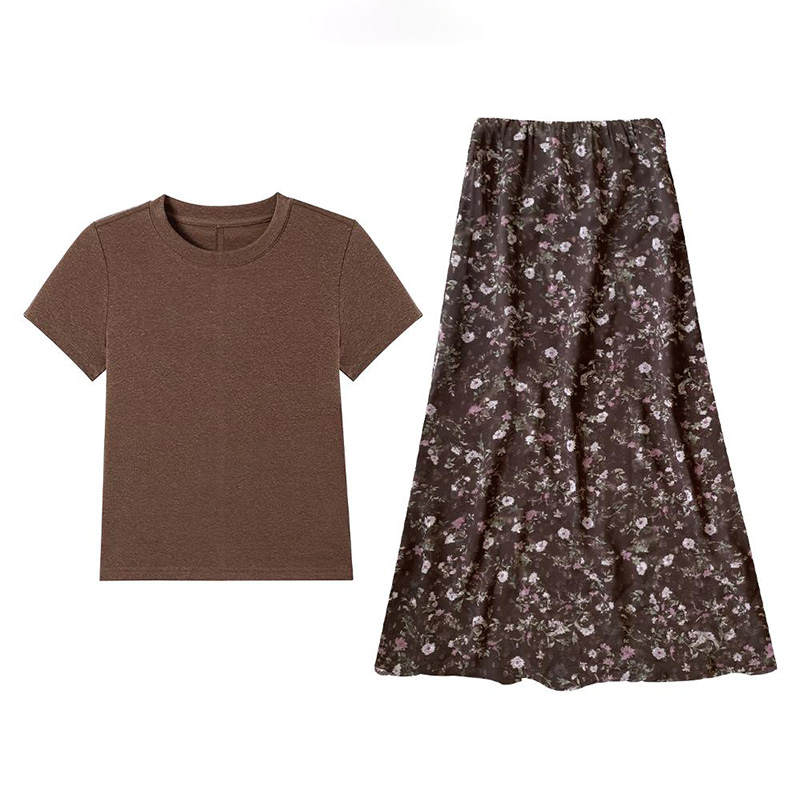 MARIE·COCO Two Piece Skirt Sets Women's Coffee Top+Floral Skirt Crew Neck Thin Long