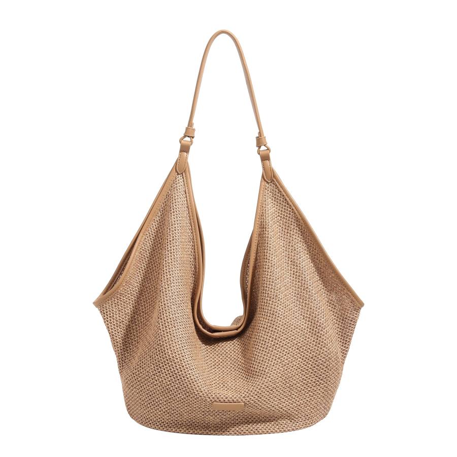PAYOT Straw Woven Shoulder Bag Women's Coffee/Black