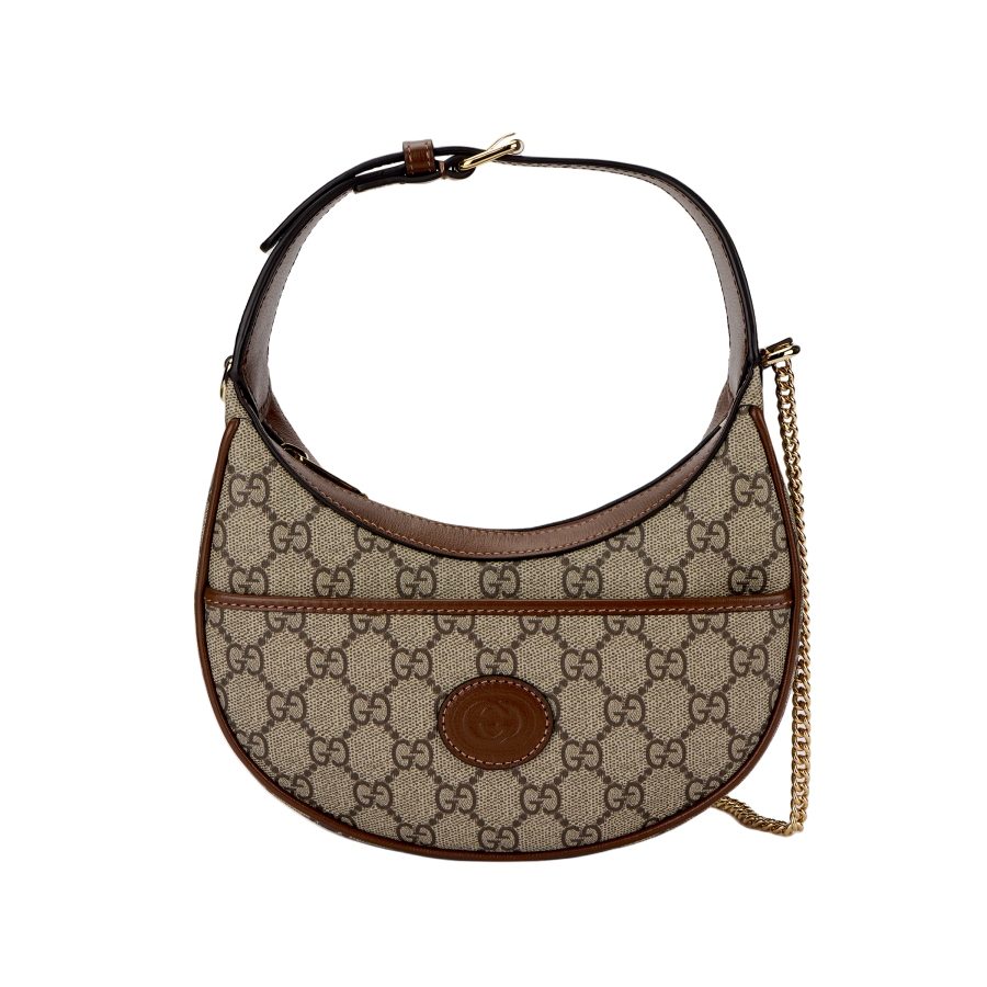 GUCCI Canvas With Leather Binding Crescent Bag, Handbag, Shoulder Bag Women's Beige & Ebony