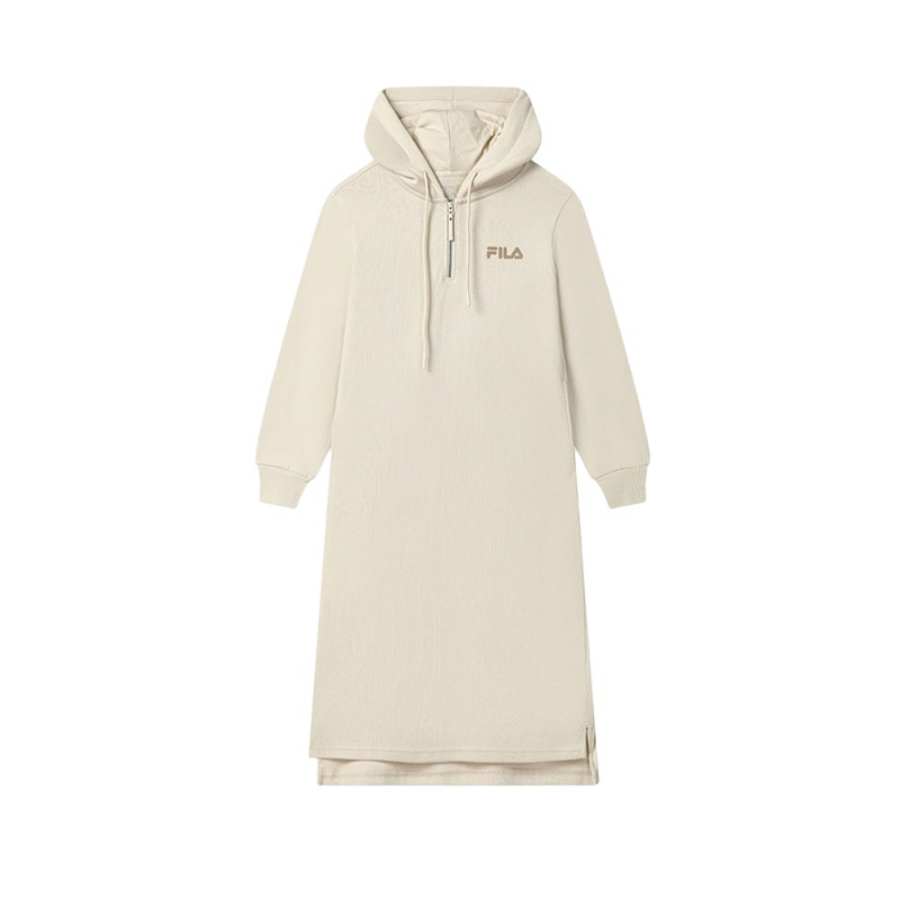 FILA ORIGINALE Long Sleeved Dresses Women's Wheat Straw Beige Hooded Non Detachable Thickened