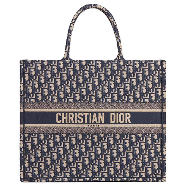 DIOR Large DIOR Book Tote Ecru And Blue DIOR Oblique Embroidery