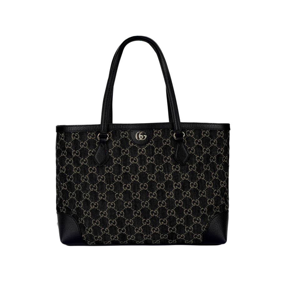 GUCCI Ophidia Denim With Leather Tote Bag, Shopping Bag, Shoulder Bag, Handbag Medium Women's Black & Ivory White