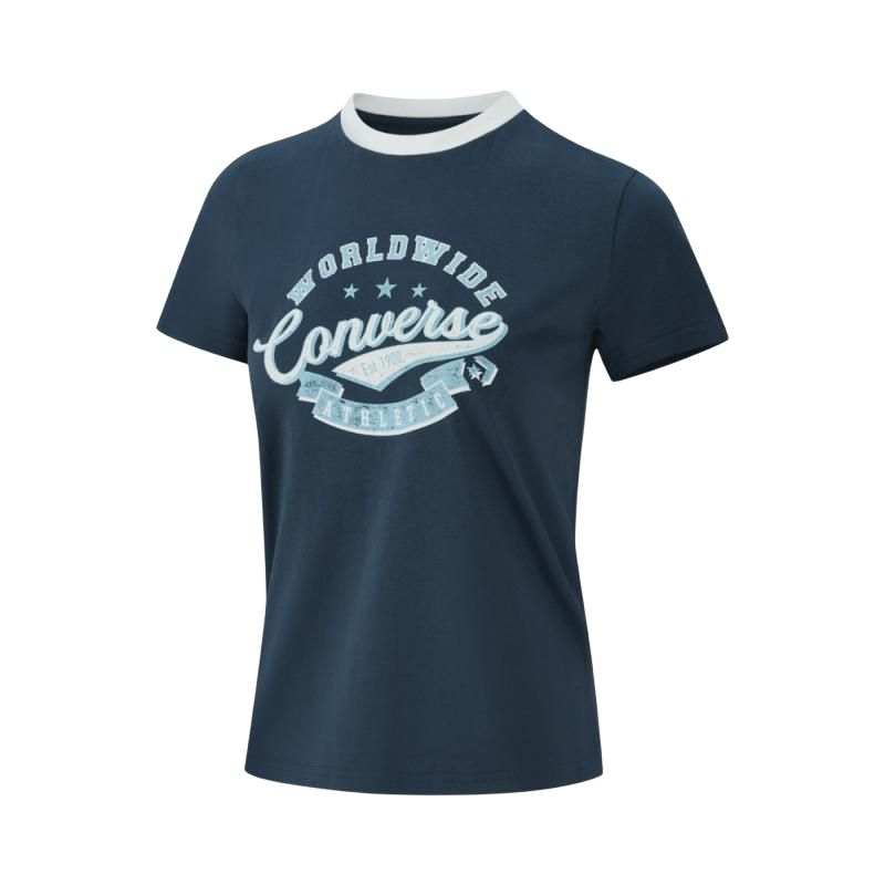 Converse T Shirts Women's Blue Crew Neck Moderate