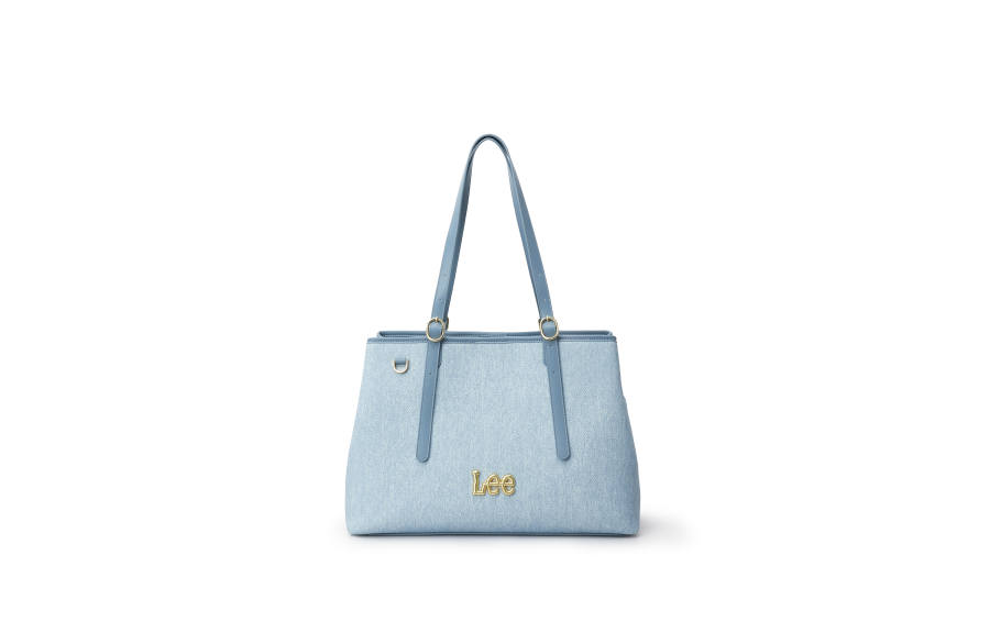 Lee Pu Handbag, Shoulder Bag, Tote Medium Large Women's Light Denim Blue & Beige & Brown