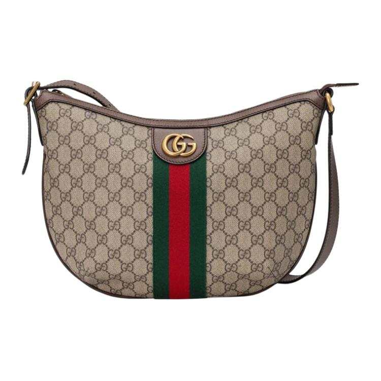 GUCCI Ophidia Canvas With Leather Dumpling Bag, Crescent Bag, Crossbody Bag, Shoulder Bag Small Women's Ebony & Brown