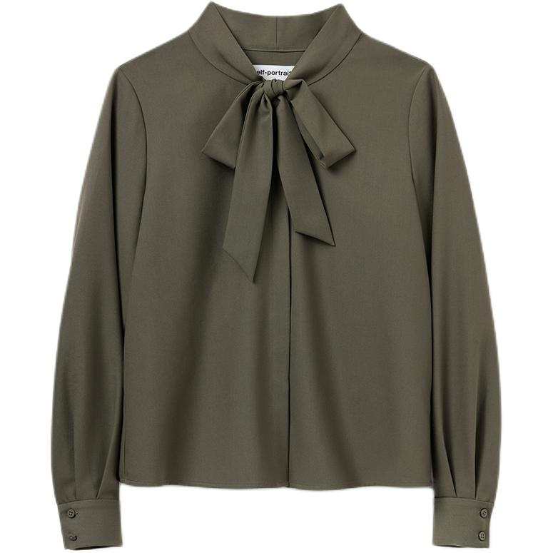 Self-portrait Self Portrait Shirts Women's Olive Green Ribbon Collar Moderate
