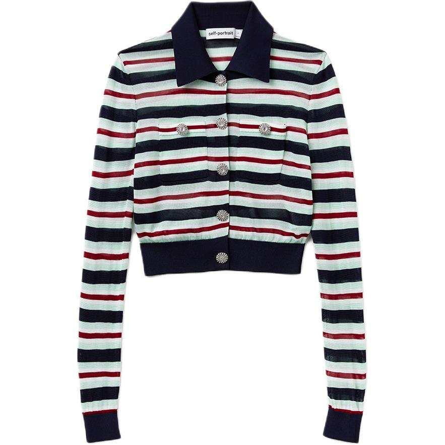 Self-portrait Self Portrait Knitwear Women's Blue Mixed Color Lapel Moderate Cardigan