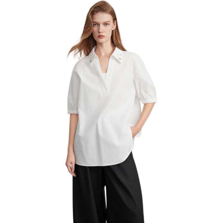 ELLE Shirts Women's White V Neck Thin Shirt