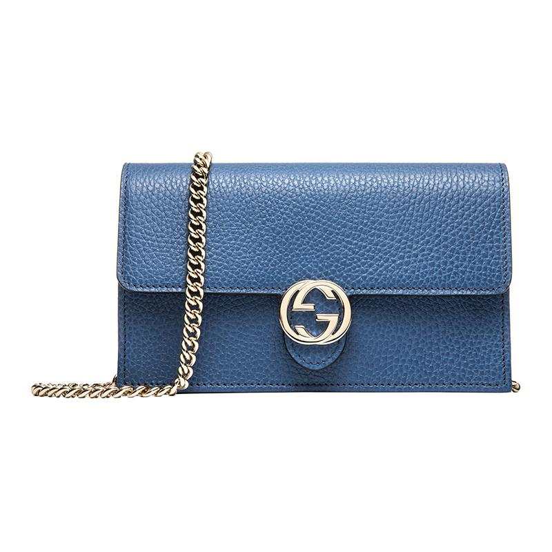 GUCCI Double G Leather WOC Chain Shoulder Messenger Bag Blue