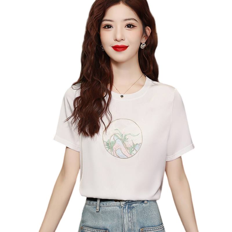 SIXUSICHOU T Shirts Women's White Crew Neck Moderate Straight Fit