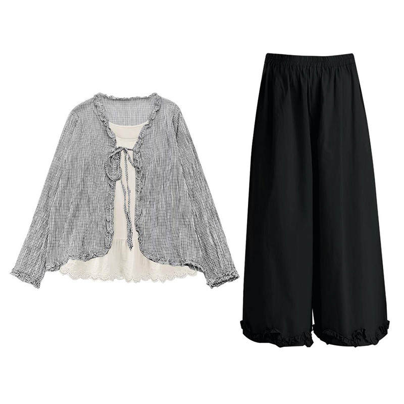 MARIE·COCO Casual Suits Women's Cardigan+Camisole+Pants Lace Up Moderate Long