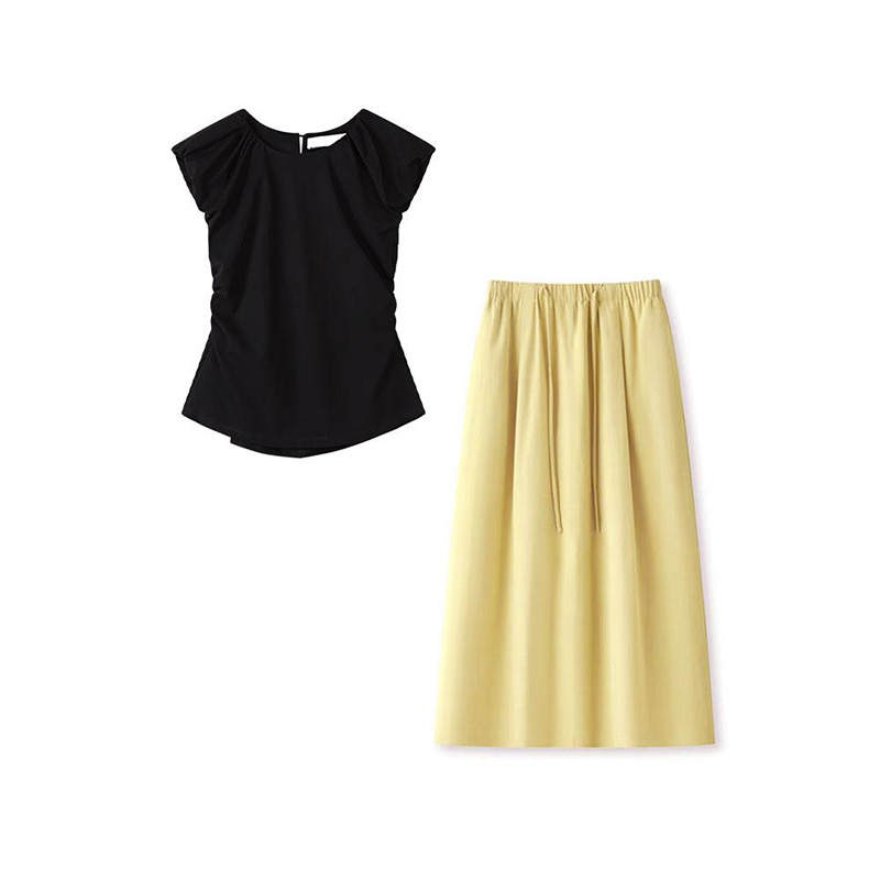 MARIE·COCO Two Piece Skirt Sets Women's Black Top+Yellow Skirt Crew Neck Moderate Long