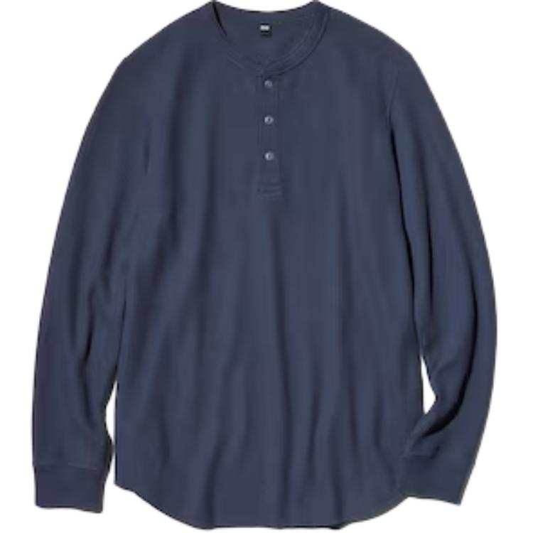 UNIQLO T Shirts Unisex Blue Henry Collar