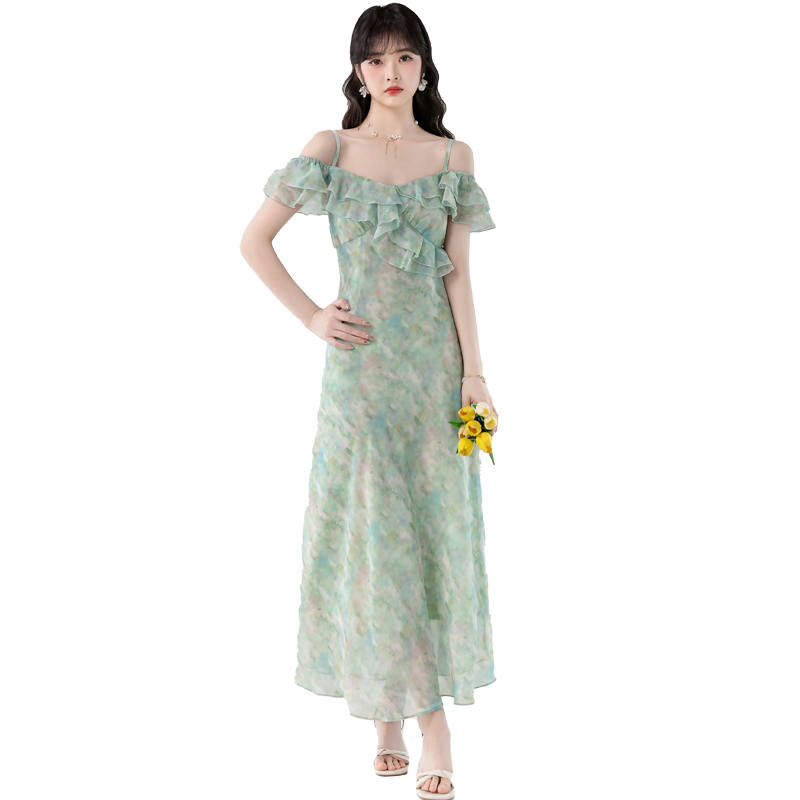 SIXUSICHOU Slip Dresses Women's Green Boat Neck Thin Long