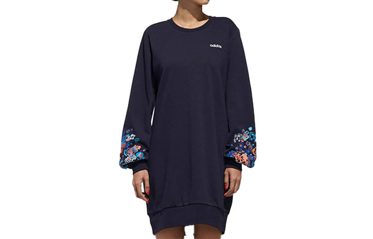 Adidas Neo Long Sleeved Dresses Women's Navy Blue Crew Neck Moderate Mid Length