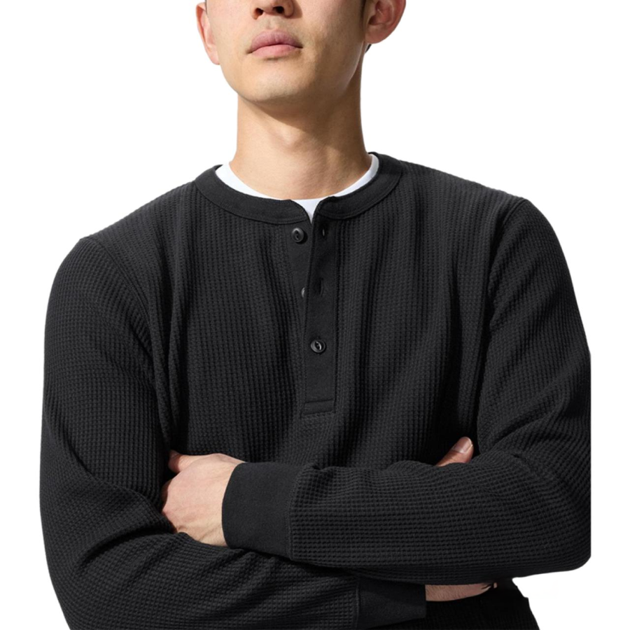 UNIQLO T Shirts Unisex Black Henry Collar
