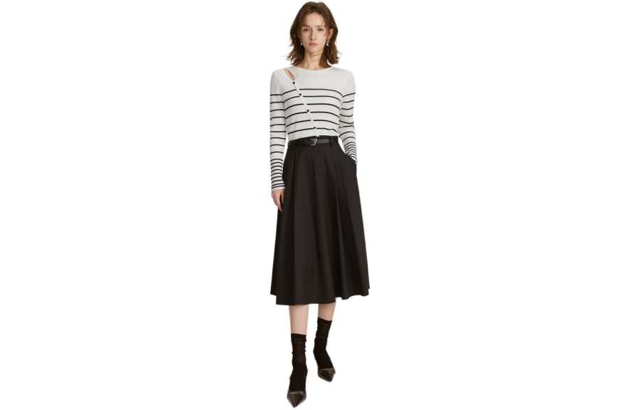 ELLE Long Sleeved Dress Spring Women's Black White Stripes