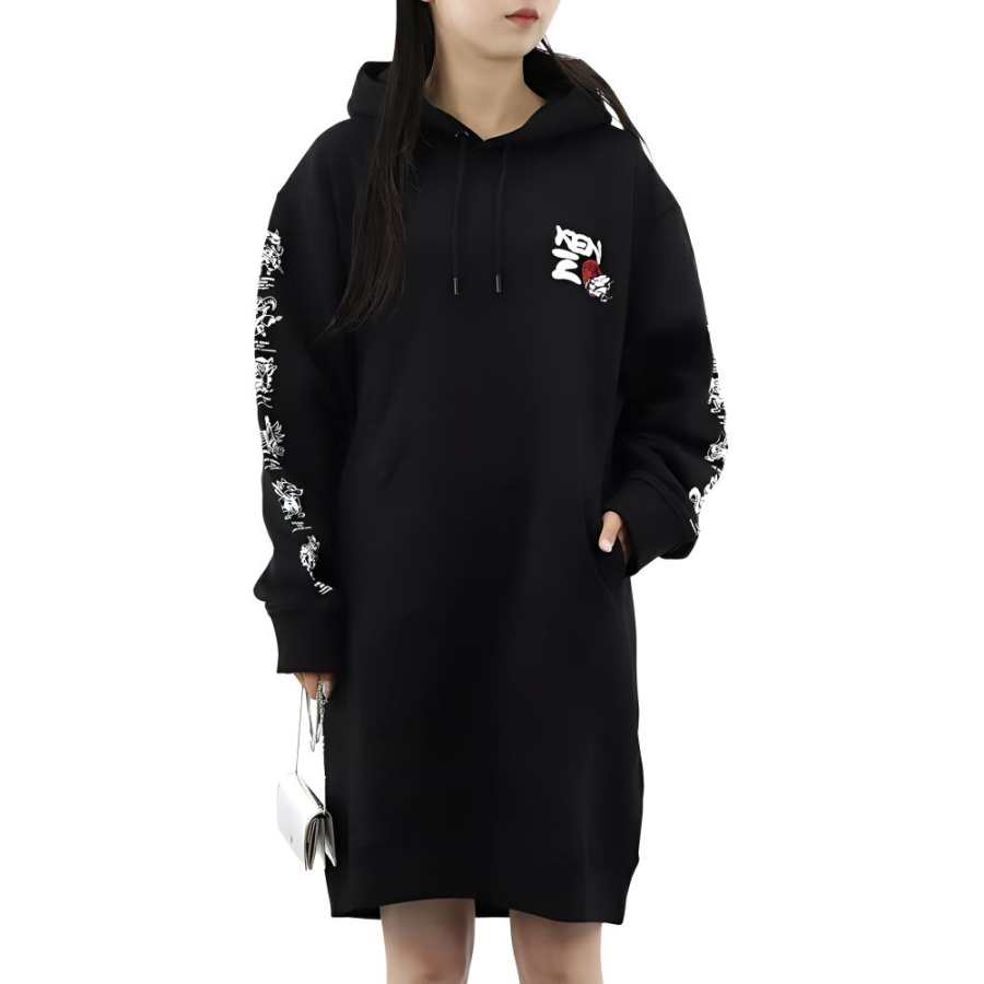 KENZO Long Sleeved Dresses Women's Black Hooded Moderate Mid Length