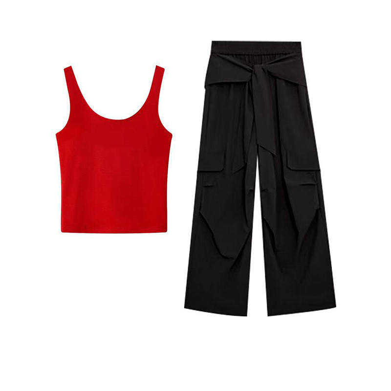 MARIE·COCO Casual Suits Women's Red Camisole+Pants Crew Neck Moderate Short