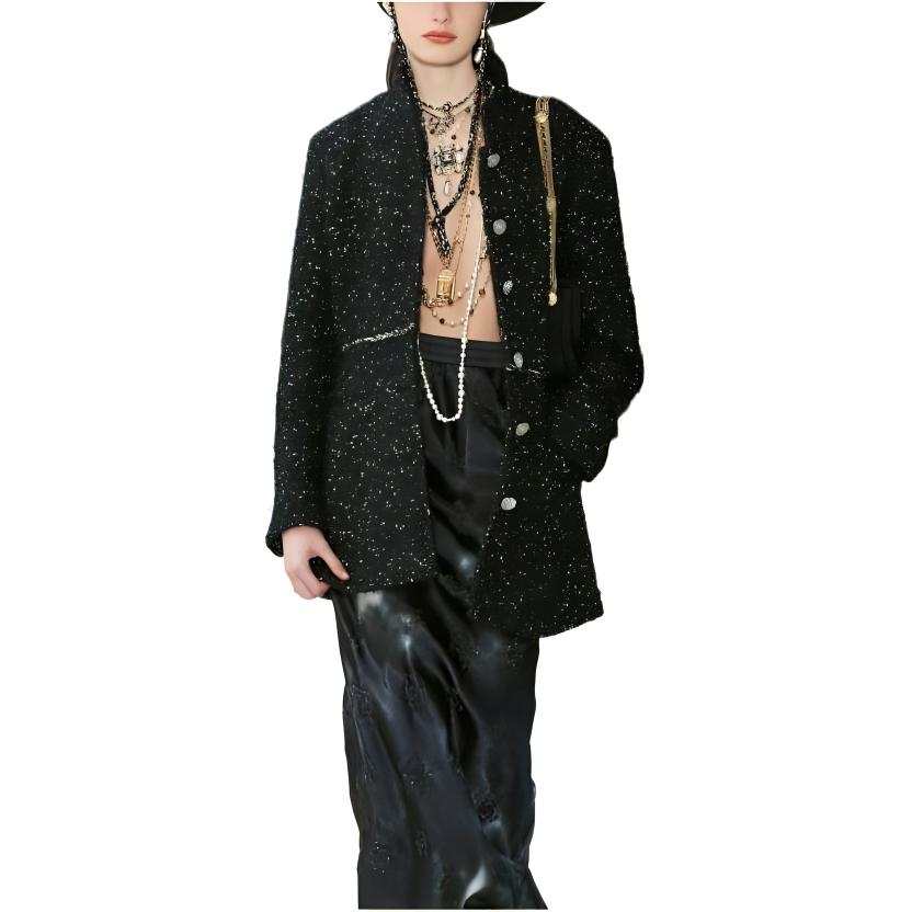 CHANEL Coats Women's Black Stand Collar Moderate Straight Fit