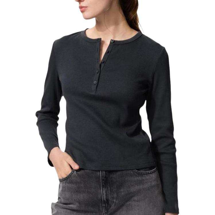 UNIQLO T Shirts Women's Black Henry Collar