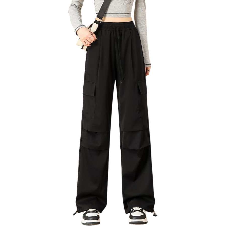 BALENO Fashion High Rise Parachute Large Pocket Cargo Pants Loose Fit Solid Color Pants Wide Leg Casual Pants Spring