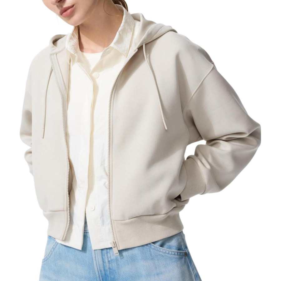 UNIQLO Sweatshirts Women's Light Beige Hooded Moderate Cardigan