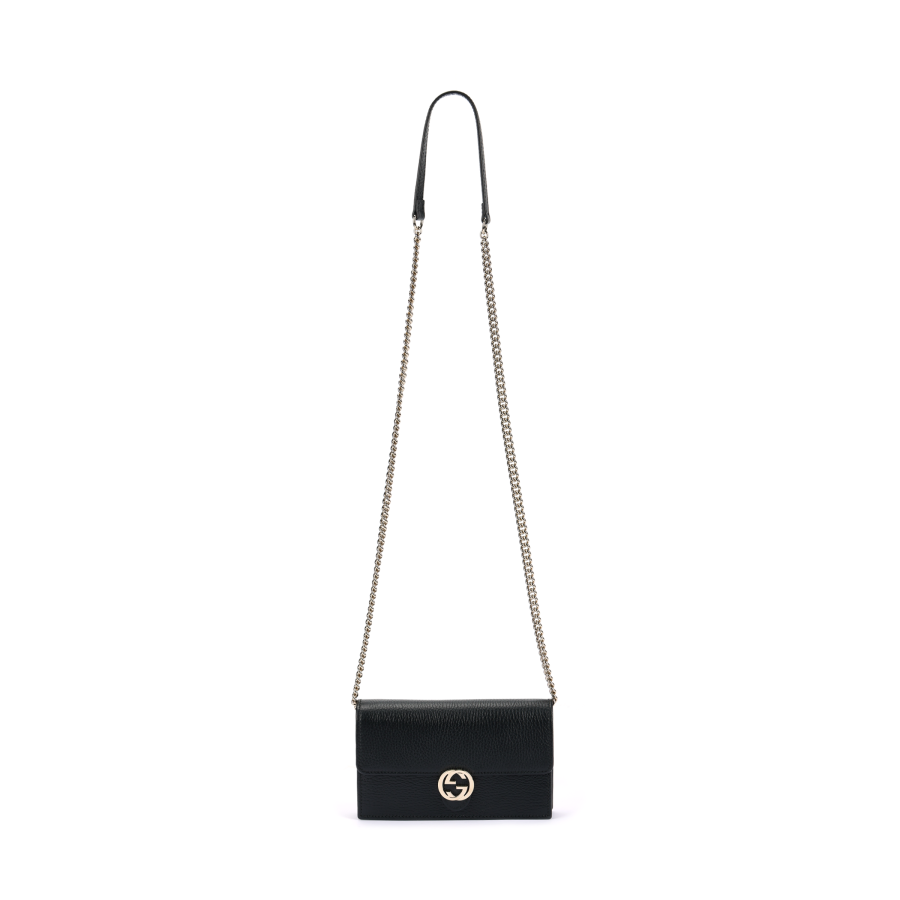 GUCCI Double G Leather WOC Chain Shoulder Messenger Bag Black